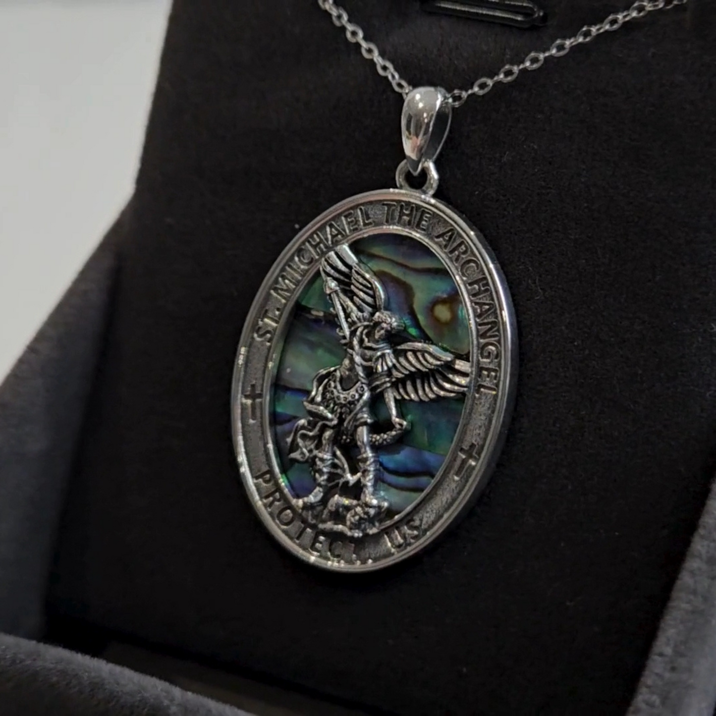 St. Michael the Archangel Necklace | Abalone Shell & Sterling Silver | Unisex Religious Pendant