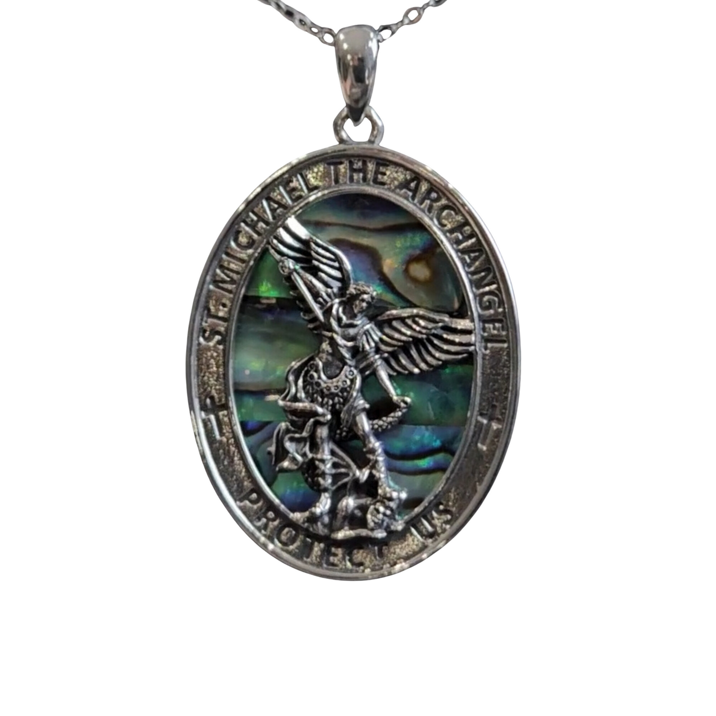 St. Michael the Archangel Necklace | Abalone Shell & Sterling Silver | Unisex Religious Pendant