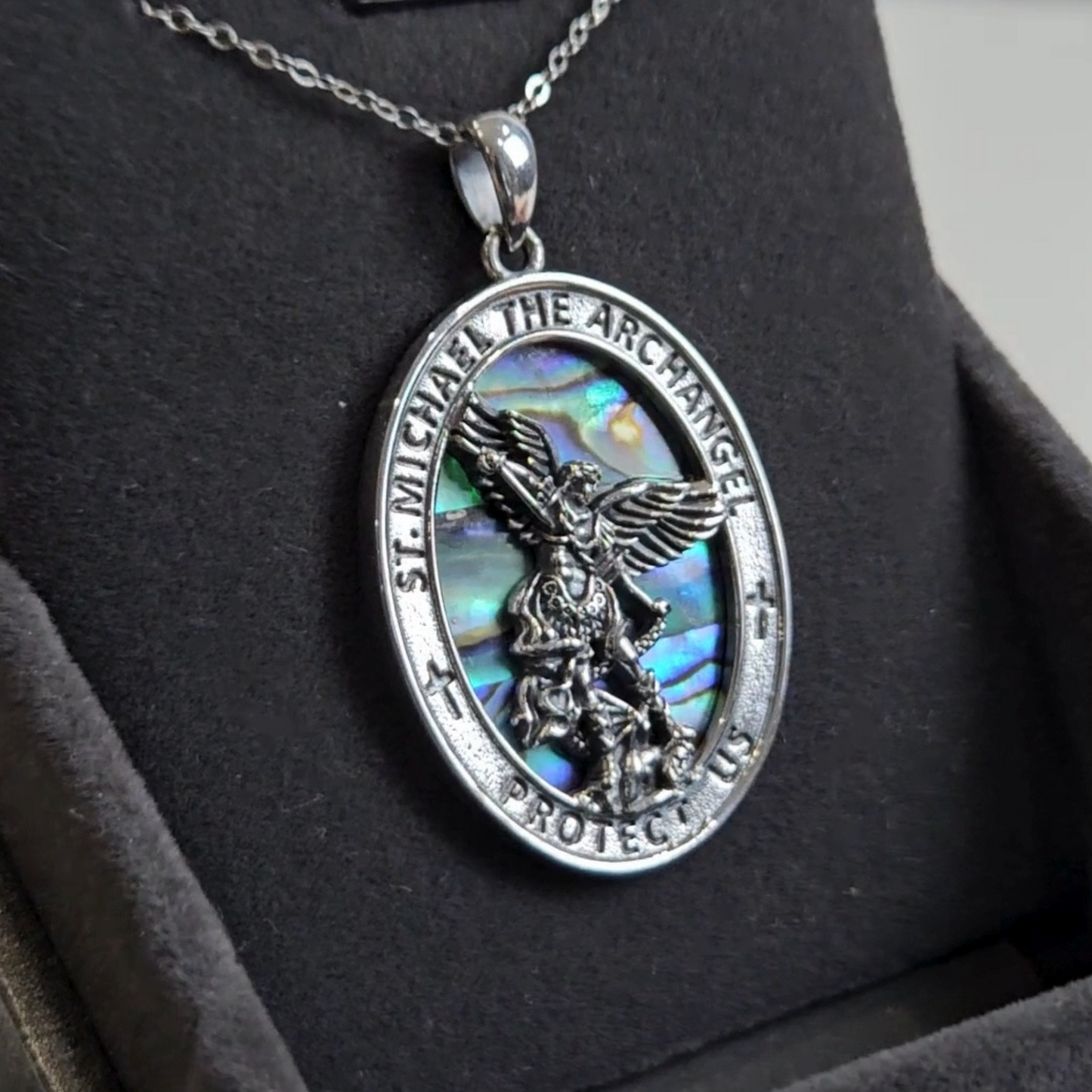 St. Michael the Archangel Necklace | Abalone Shell & Sterling Silver | Unisex Religious Pendant
