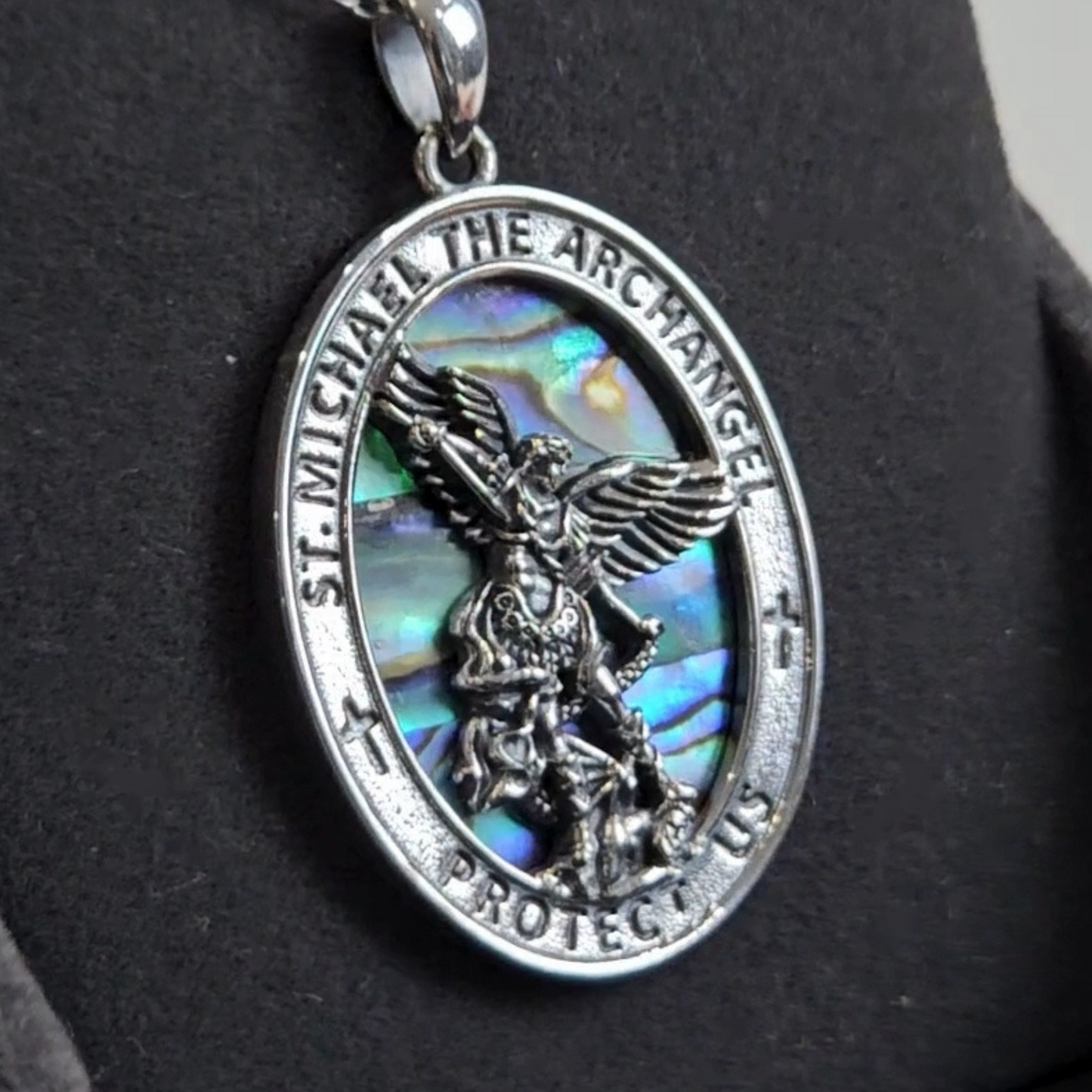 St. Michael the Archangel Necklace | Abalone Shell & Sterling Silver | Unisex Religious Pendant