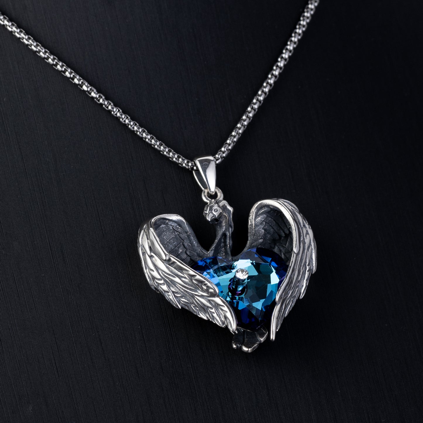 Phoenix Heart Necklace with Blue Austrian Crystal