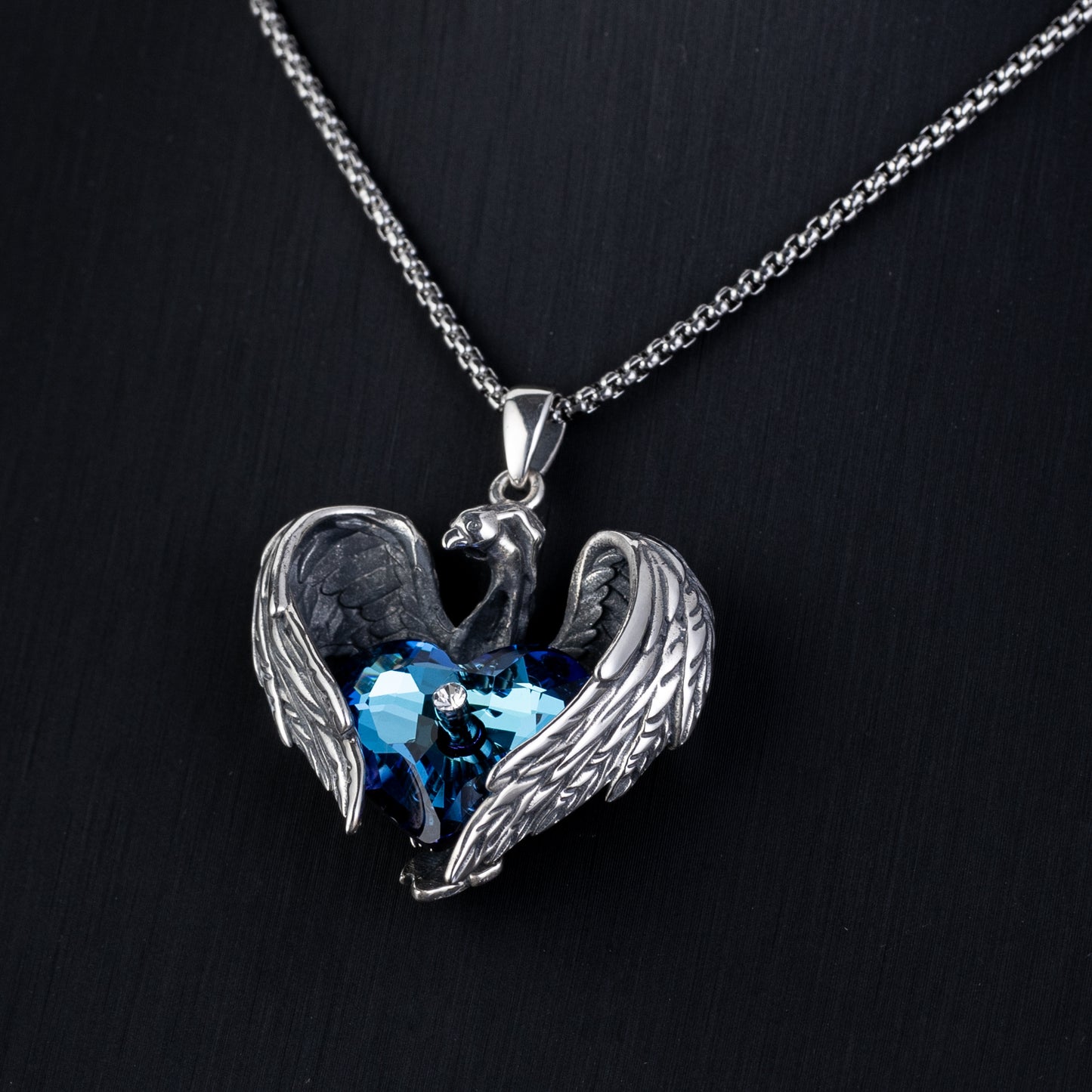 Phoenix Heart Necklace with Blue Austrian Crystal