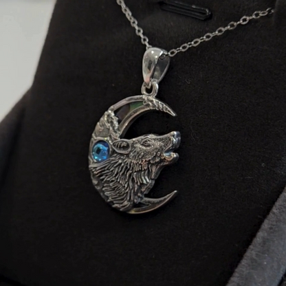 Sterling Silver Viking Wolf and Crescent Moon Necklace with Abalone Shell & Blue Gemstone