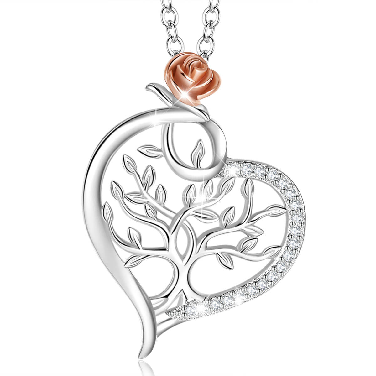 Silver S925 Heart Tree of Life Necklace With a stunning Rose Gift for Mother Girlfriend Wife Daughter