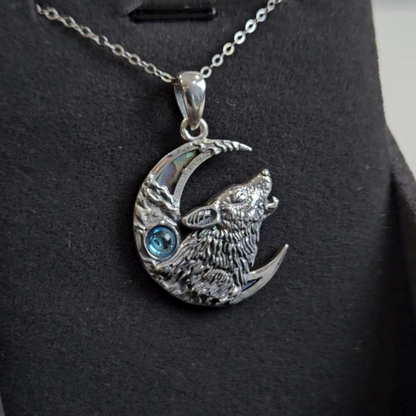 Sterling Silver Viking Wolf and Crescent Moon Necklace with Abalone Shell & Blue Gemstone