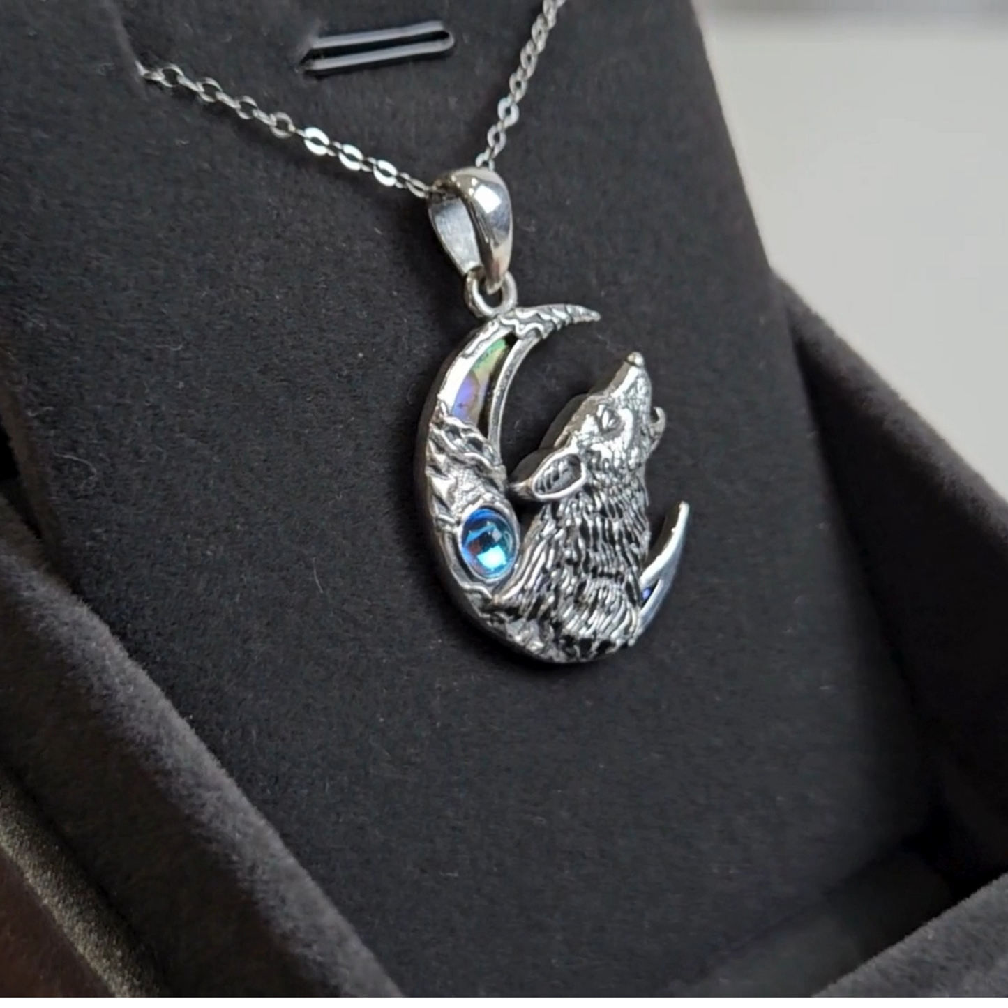 Sterling Silver Viking Wolf and Crescent Moon Necklace with Abalone Shell & Blue Gemstone