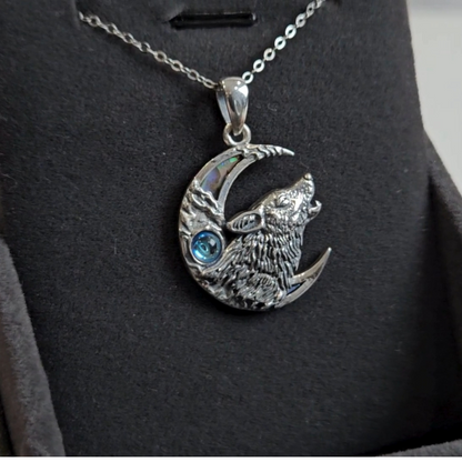 Sterling Silver Viking Wolf and Crescent Moon Necklace with Abalone Shell & Blue Gemstone