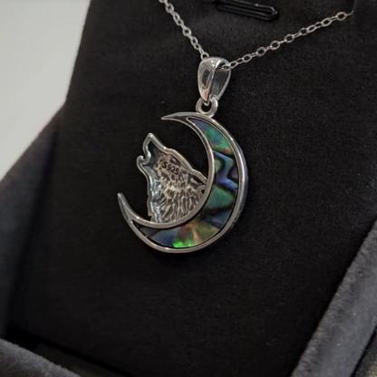 Sterling Silver Viking Wolf and Crescent Moon Necklace with Abalone Shell & Blue Gemstone