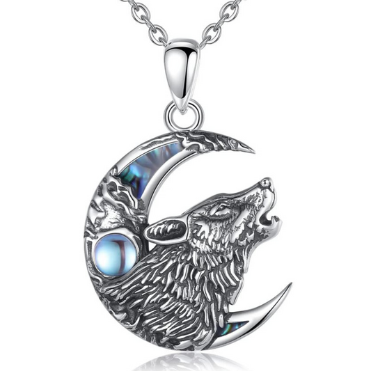 Sterling Silver Viking Wolf and Crescent Moon Necklace with Abalone Shell & Blue Gemstone