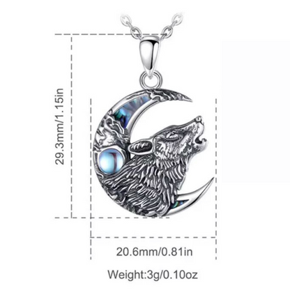 Sterling Silver Viking Wolf and Crescent Moon Necklace with Abalone Shell & Blue Gemstone