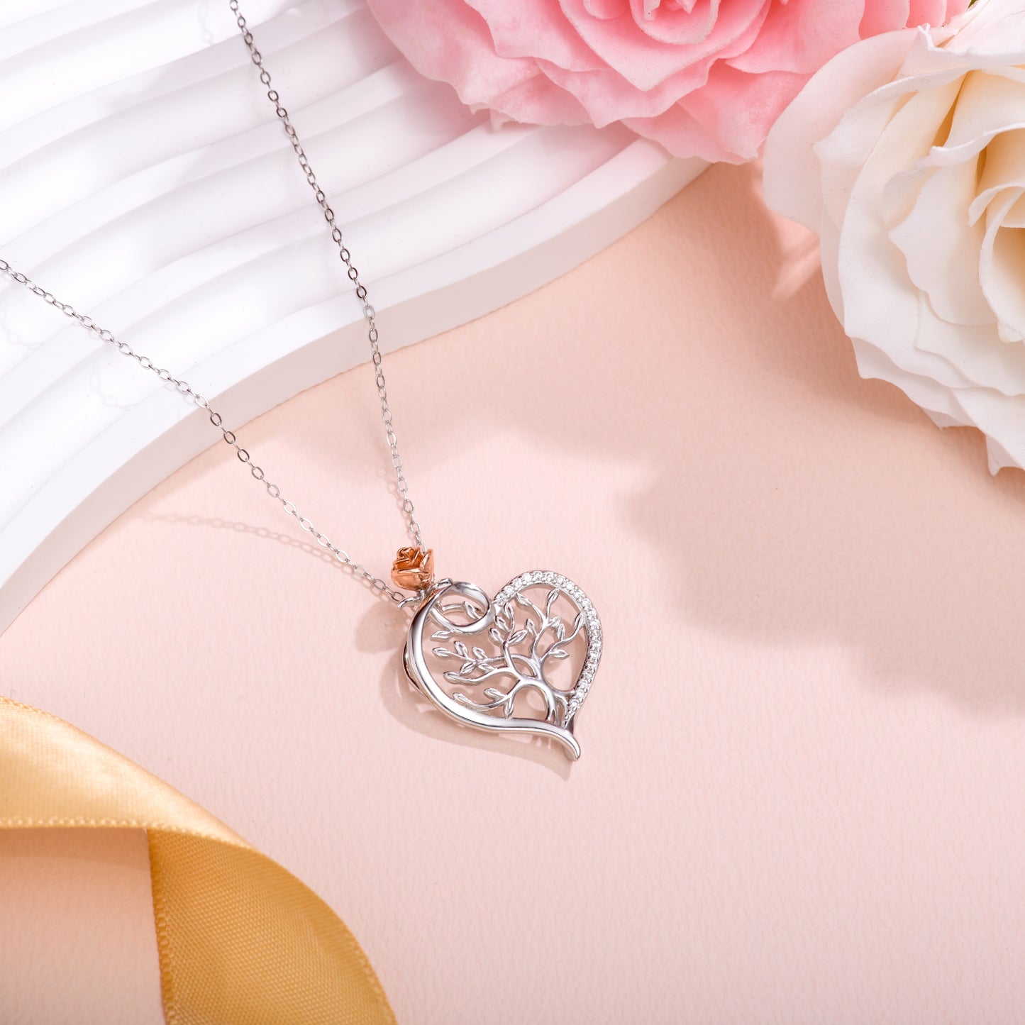 Silver S925 Heart Tree of Life Necklace With a stunning Rose Gift for Mother Girlfriend Wife Daughter