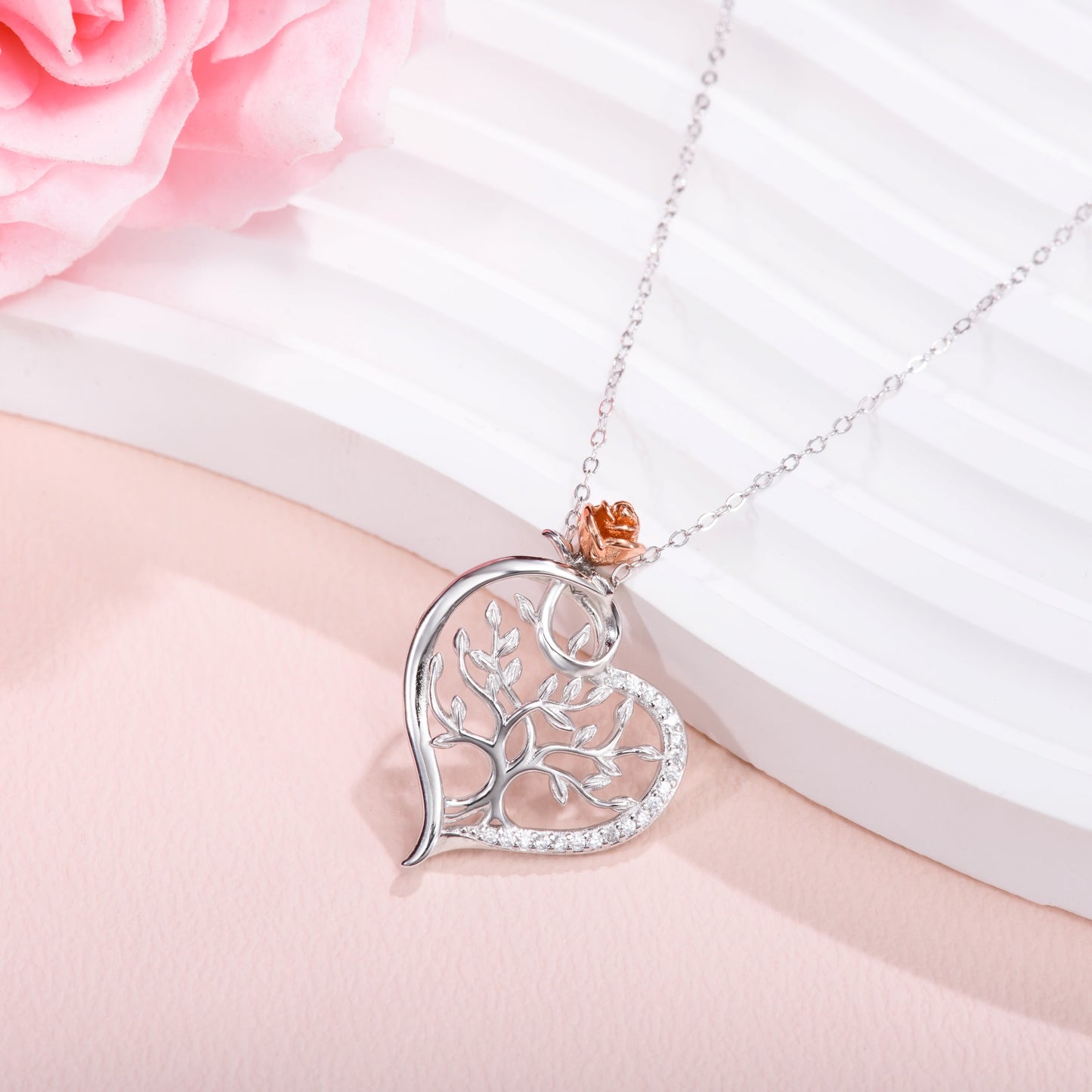 Silver S925 Heart Tree of Life Necklace With a stunning Rose Gift for Mother Girlfriend Wife Daughter