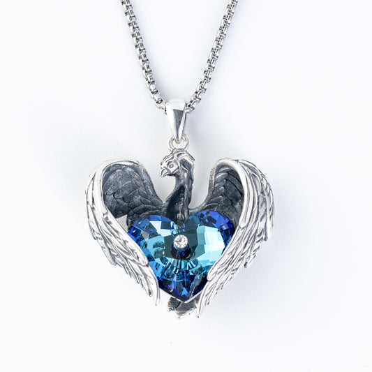 Phoenix Heart Necklace with Blue Austrian Crystal