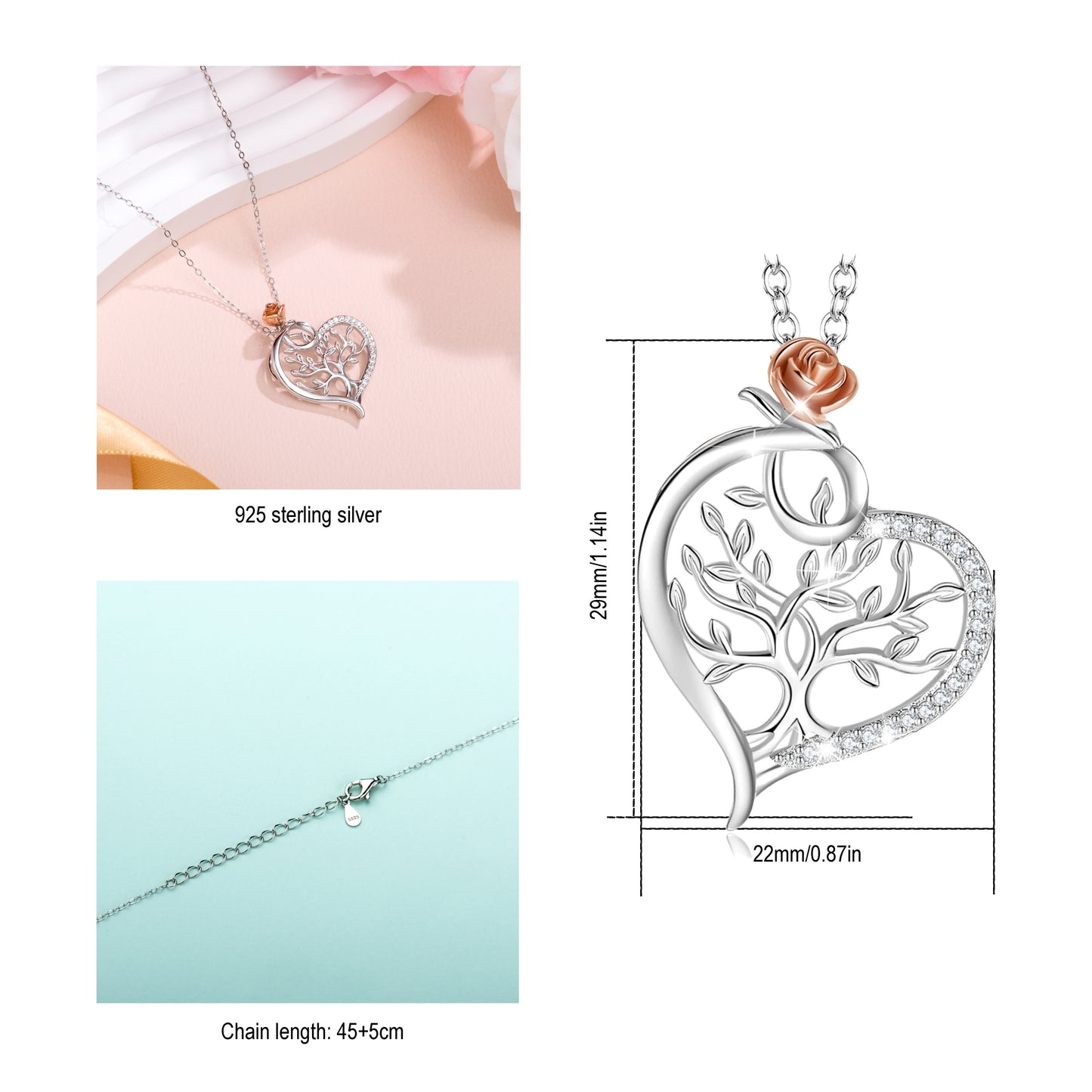 Silver S925 Heart Tree of Life Necklace With a stunning Rose Gift for Mother Girlfriend Wife Daughter